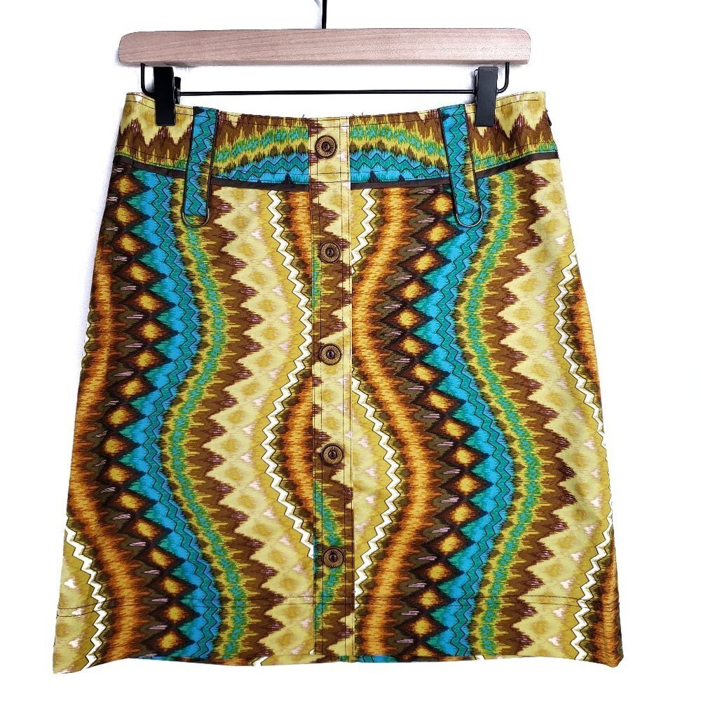 Etcetera Boho Print Button Front Skirt 4 Brown Teal Tan Gold Mini